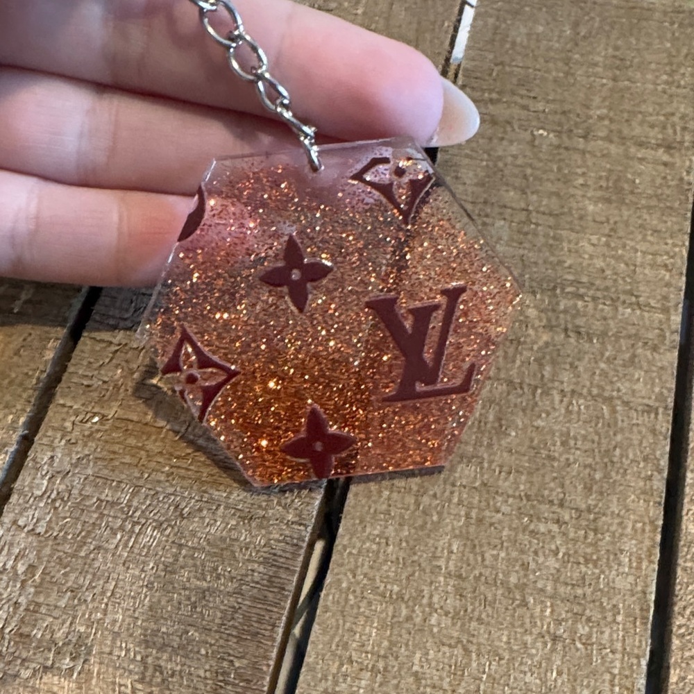 Monogram Hexagon Glitter Keychain - Orange Glitter